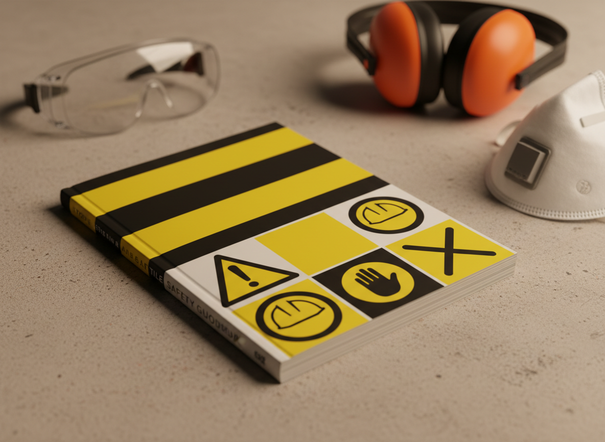 A safety-focused stone and tile guidebook placed flat on a subtly textured concrete workbench, its cover dominated by a bold, high-contrast color block for the title area and an abstract representation of warning symbols rendered as simple geometric shapes, no text. Around it, softly blurred safety goggles, ear protection, and a dust mask imply jobsite safety without stealing focus. Warm, even studio lighting from above casts soft, controlled shadows, ensuring the cover’s large design elements remain readable. Shot from a slightly elevated angle with crisp focus on the book, the image has a serious yet reassuring mood, ideal for a safety resources section.