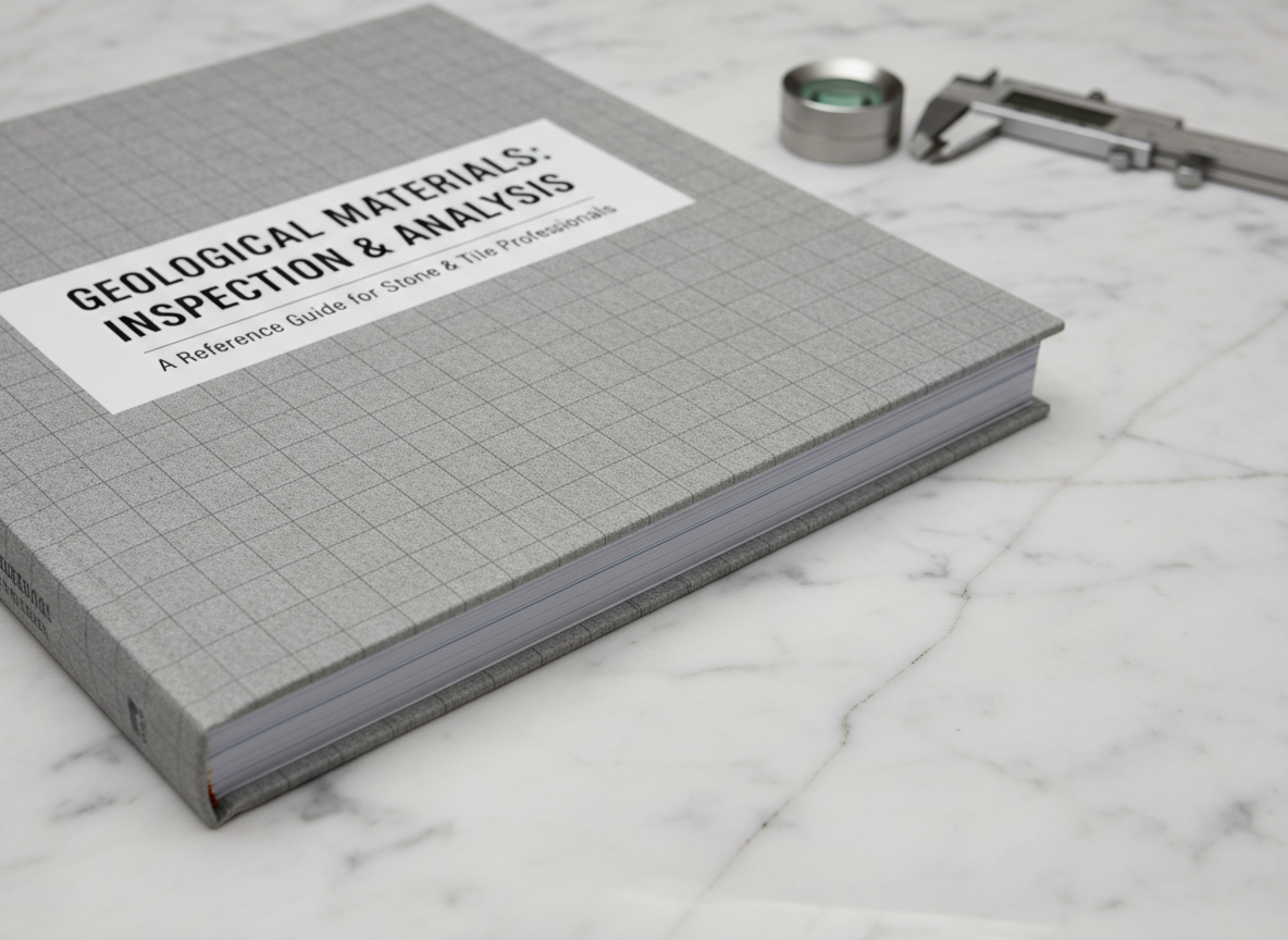 A detailed inspection-themed stone and tile reference book lying open but angled so the front cover dominates the foreground, designed with a large, clear title area and a faint overlaid grid pattern reminiscent of technical reports. Beneath it is a smooth slab of veined white marble with a visible hairline crack running diagonally, sharply in focus. A metal magnifier and digital caliper sit softly blurred in the background. Neutral, diffused studio lighting creates minimal glare and emphasizes fine surface details. Captured at eye level with a slight tilt, photographic realism, and a precise, analytical atmosphere that feels ideal for a stone inspection category.