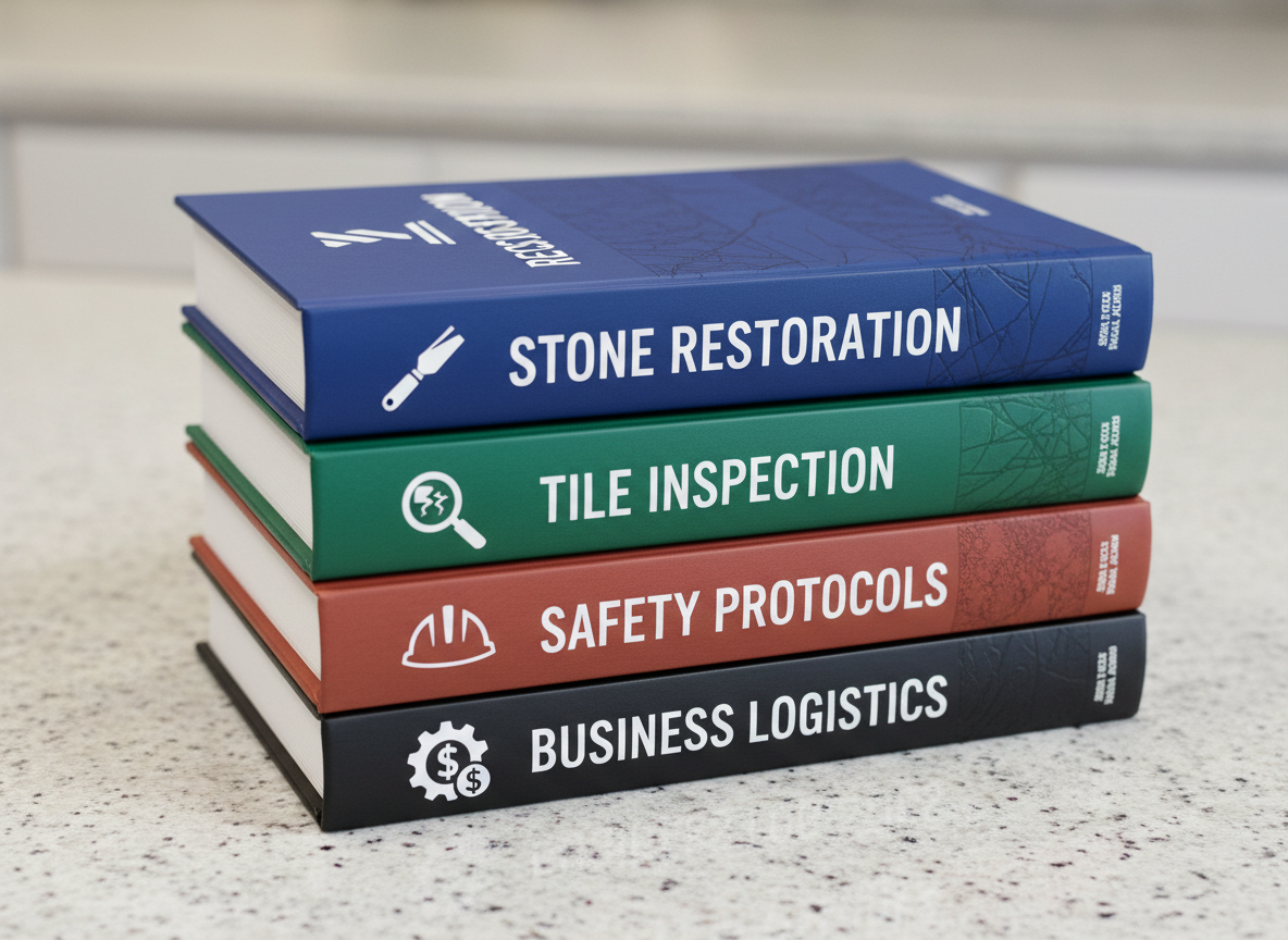 A clean, photographic closeup of a stack of four hardcover “Stone & Tile Books” lying on a smooth light-gray stone countertop. Each cover is a different deep, professional color with large, bold, easily readable title areas and subtle stone textures in the background, suggesting restoration, inspection, safety, and business topics without using real text. Soft studio lighting from the upper left creates gentle highlights on the glossy covers and fine shadows around the edges, emphasizing crisp print quality. The background fades into a soft bokeh of neutral tones, keeping attention on the books. Shot at a slightly elevated three-quarter angle with sharp focus on the front cover, the mood is expert, trustworthy, and oriented toward serious trade professionals.