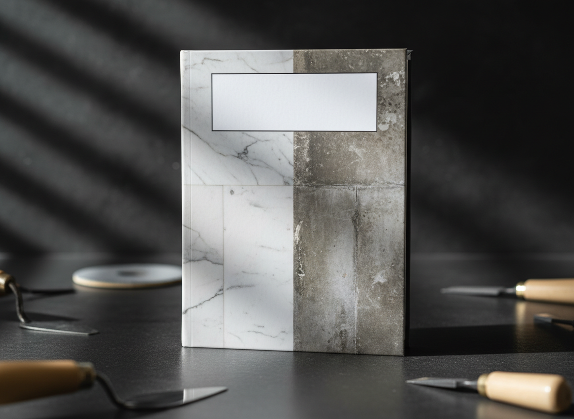A single, prominent stone restoration handbook standing upright on a dark honed granite surface, its cover featuring a large, empty title block and an image-style texture of polished marble tiles transitioning to etched, worn stone, symbolizing before-and-after restoration. Around the book, blurred outlines of tools like trowels and polishing pads rest out of focus. Cool, directional studio lighting from the side creates dramatic reflections across the granite and subtle sheen on the book’s cover. Photographic realism with a clean, modern composition using rule of thirds, shallow depth of field, and a calm, professional mood suitable for a main restoration category page.